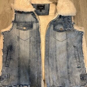 Guess Blue Denim Vest with Cream Faux Fur